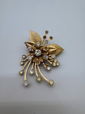 Vintage Mid-Century Gold Tone Floral Spray Rhinestone Brooch Pin